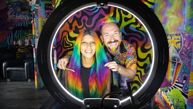World of good: Hairdresser Mykey O’Halloran, right, and customer Sarpa Lui Da Silva at Unicorn Manes by Mykey salon.