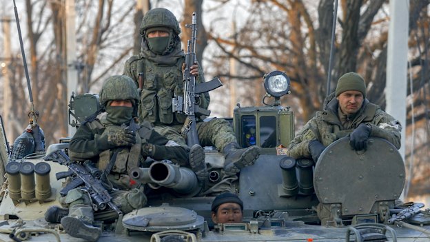 Russian soldiers in a separatist-controlled area of eastern Ukraine in March.