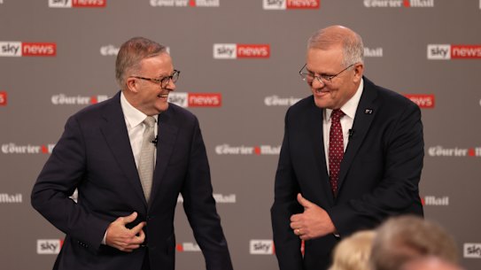 Fighting words: Anthony Albanese and Scott Morrison during their first election debate.