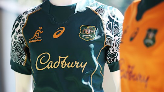 SYDNEY, AUSTRALIA - MAY 13:  The new Wallabies Indigenous jersey is seen on display after Cadbury was announced as a major sponsor of the Wallabies and Wallaroos during a Wallabies and Wallaroos media opportunity at the Rugby Australia Building on May 13, 2021 in Sydney, Australia. (Photo by Matt King/Getty Images)