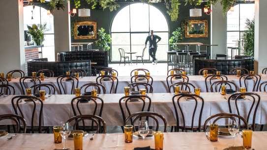 Luke Stepsys in his sprawling 520-square-metre Panama Dining Room, in Fitzroy.