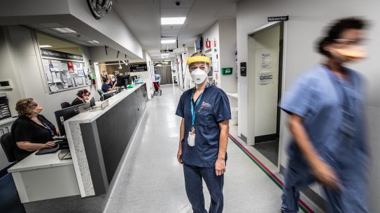 Emergencey nurse Narelle Doecke at Royal Melbourne Hospital emergency department.
Photo by Jason South. 29th March 2022