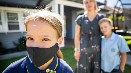 Natalie Gamble with her primary school-aged kids, Sophie 9, and Max, 7.