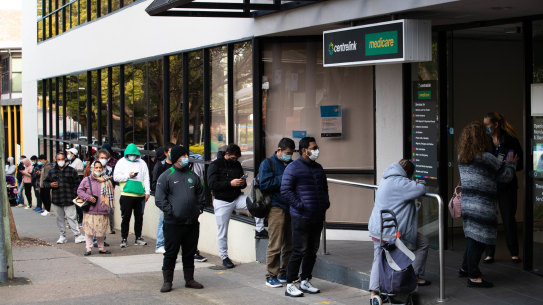 The queue for Centrelink stretches down the street during Sydney’s lockdown.