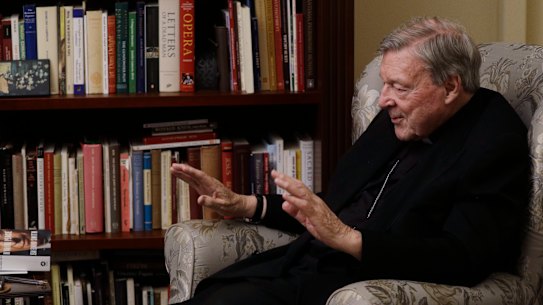 Cardinal George Pell answers a question during an interview with the Associated Press inside his residence near the Vatican in Rome in November.