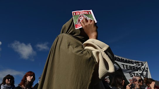Students and supportrers attend a rally protesting Israel’s war in Gaza at an encampment at University of Sydney. 
