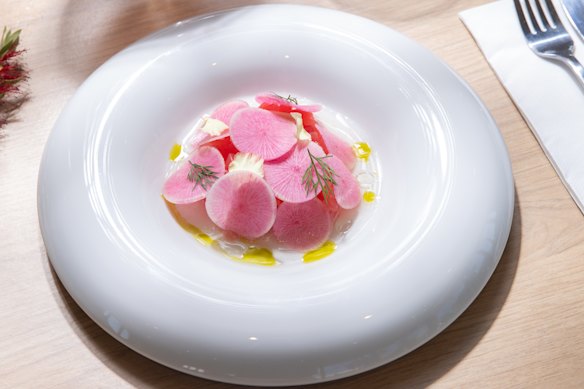 Raw tuna at Banksia is served with stracciatella and a fragrant lemon-myrtle dressing.