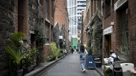 Guildford Lane near Melbourne Central has been the most successful of the pilot laneways and features in promotional material for the City of Melbourne.