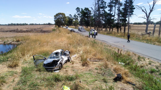 The force of the collision pushed the car off the road into a paddock.
