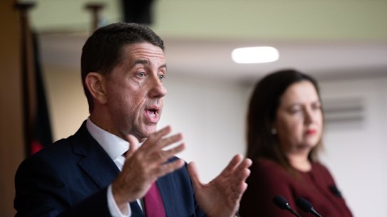 Queensland Treasurer Cameron Dick and Premier Annastacia Palaszczuk hold a press conference during the budget media lockup in 2021. 