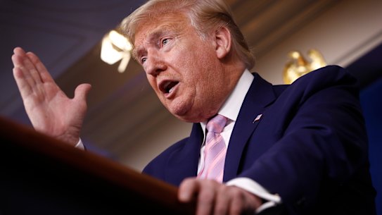 US President Donald Trump speaks during a coronavirus task force briefing at the White House.