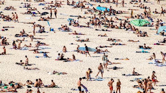 Beachgoers at Bondi in lockdown ... there’ll be more on the way come Monday.