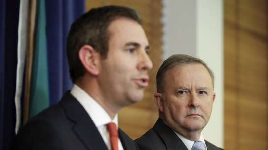 Shadow Treasurer Jim Chalmers and Opposition Leader Anthony Albanese address the media during a press conference at Parliament House in Canberra on Thursday 4 July 2019.