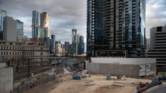 The deserted construction site of the Melbourne Quarter project on Collins Street on Monday.