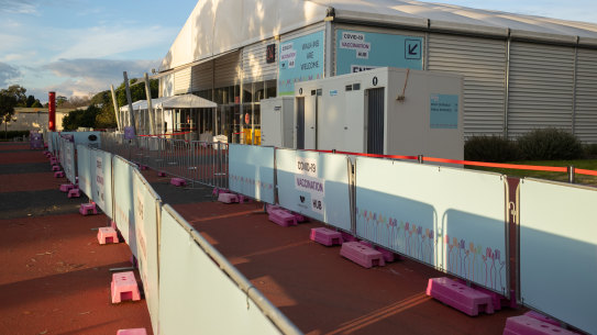 There were no queues at the vaccination hub at the Royal Melbourne Showgrounds on Monday.