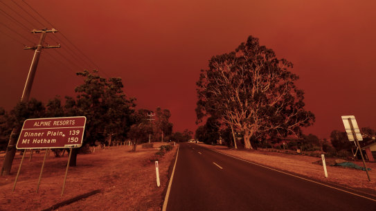 The sky turns red as fires close in on Omeo in Victoria earlier this month.