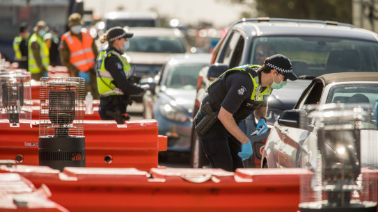Waiting lines at the Geelong checkpoint on Wednesday.