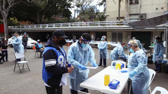 A COVID-19 vaccination hub at a public housing estate in Waterloo, Sydney. 