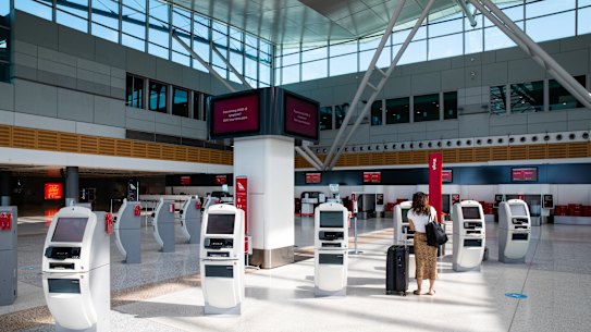 Qantas’ near-empty terminal at Sydney Airport on February 14. 