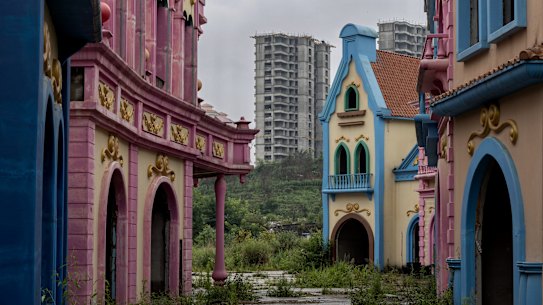 The incomplete fairyland theme park that was to be part of the Evergrande Cultural Tourism City in Guiyang, the capital of China’s Guizhou province. It was to be a massive hotel and convention centre complex, but construction stalled when property giant Evergrande collapsed.