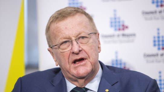 AOC president John Coates is seen speaking to media after a meeting with the Council of Mayors South East Queensland in Brisbane, Monday, May 6, 2019. (AAP Image/Glenn Hunt) NO ARCHIVING
