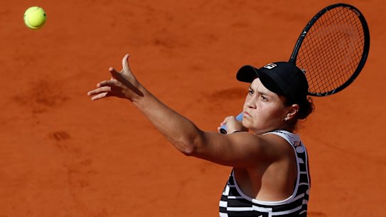 Australia's Ashleigh Barty plays a shot against Marketa Vondrousova of the Czech Republic during the women's final match of the French Open tennis tournament at the Roland Garros stadium.
