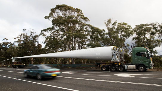 A truck carrying a giant blade for a new wind turbine bound for western NSW, in June 2020.