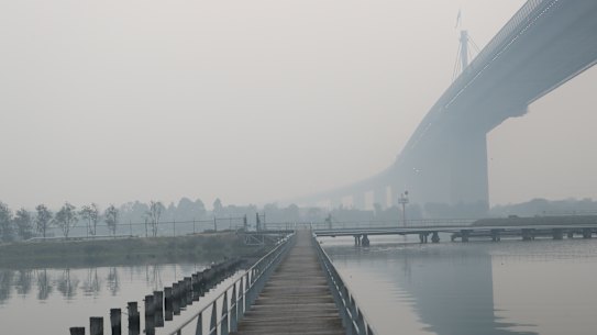 Melbourne city blanketed by smoke, as seen from Yarraville on Tuesday morning.