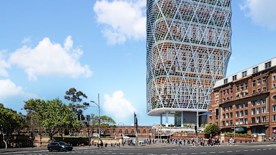 A render of Atlassian’s new headquarters in Sydney, touted as a paragon of climate-friendly architecture.