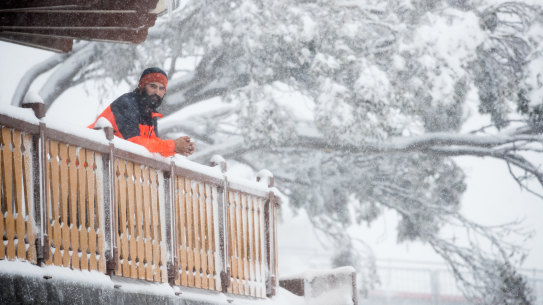 Anton Grimus, a former Winter Olympian, on a snowy Mt Buller on Friday. Villagers are waiting hear if the resort will be able to operate this season.