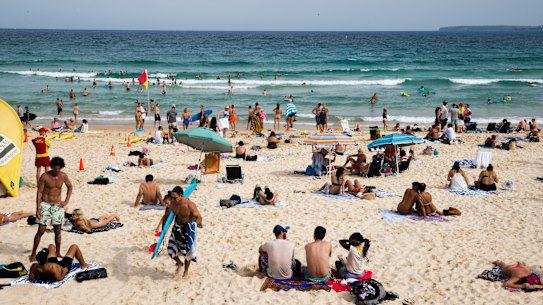 People enjoying Bondi on a hot Sunday afternoon in March. It was the sixth-hottest March on record for NSW.