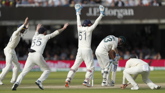 Cameron Bancroft is given out lbw off the bowling of Jack Leach.
