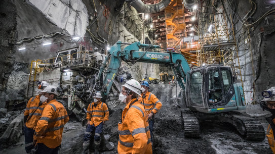 Workers inside the cavern at the  State Library station