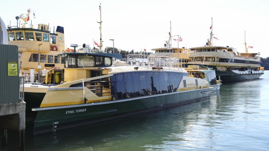One of Sydney’s new, problem-plagued River-class ferries at the Balmain Yard in Sydney on Wednesday.
