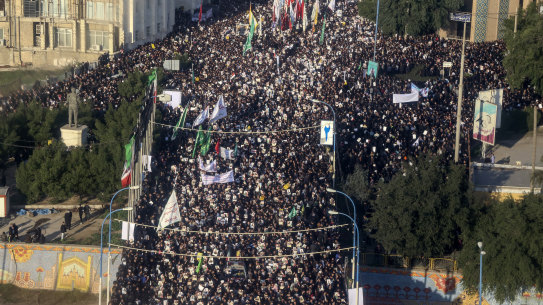 Mourners attend a funeral ceremony for Maj. Gen. Qasem Soleimani in the southwestern Iranian city of Ahvaz on Sunday. Soleimani was killed in Iraq in a U.S. drone strike in Iraq on Friday.