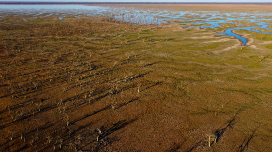 Lake Pamamaroo, in the Menindee Lakes system in Far Western NSW. The dried-out water bodies will receive their first inflows since January 2017. 