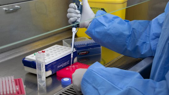 The Omicron-like variant was detected in a returned traveller last weekend. Here, a scientist at Queensland Health’s Queensland Public Health and Infectious diseases REference (Q-PHIRE) Genomics lab prepares a sample for sequencing