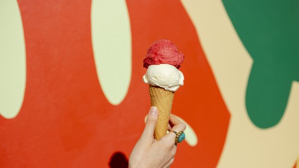 A raspberry and vanilla cone served at the new Messina Gelato HQ in Marrickville.
