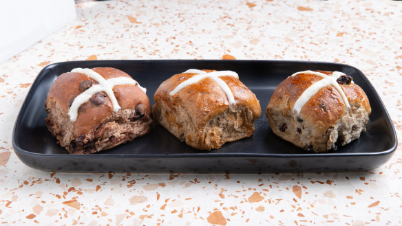 Penny for Pounds buns: (L-R) chocolate, sticky date and traditional