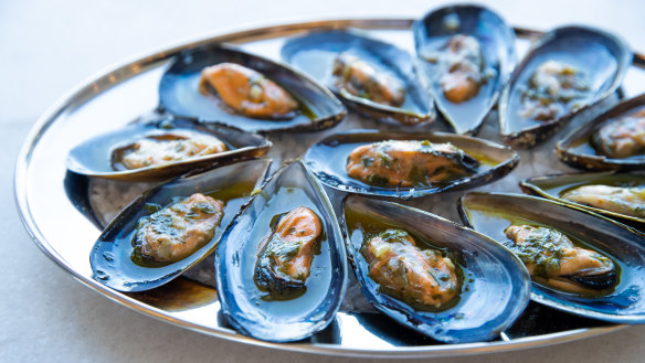 Spring Bay mussels with green pepper salsa verde.