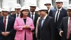 WA Premier Roger Cook, Resources Minister Madeleine King and Chinese Premier Li Qiang at the Tianqi lithium hydroxide plant at Kwinana on Tuesday.