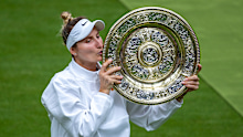 Marketa Vondrousova of the Czech Republic celebrates winning the 2023 Wimbledon women's singles title.