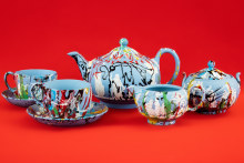 Traditional blue and white Wedgwood tea set splattered with abstract paint finish. 