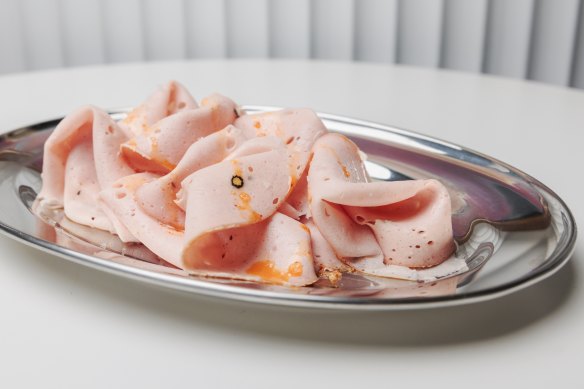 Freshly sliced LP’s mortadella with chilli oil.