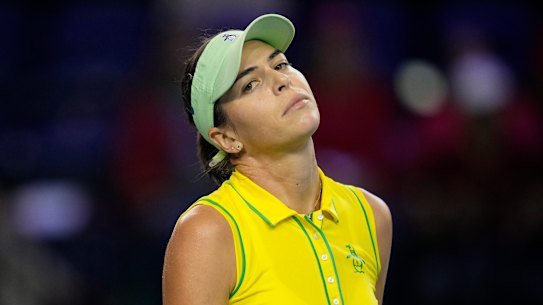Australia’s Ajla Tomljanovic reacts during her final match of the Billie Jean King Cup tennis finals against Switzerland’s Belinda Bencic, at the Emirates Arena in Glasgow, Scotland, Sunday, Nov. 13, 2022. (AP Photo/Kin Cheung)