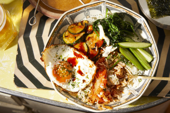 Sesame-fried egg bibimbap is a vegetarian version of the Korean “mixing rice” dish.