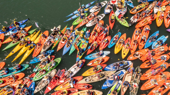 Members of School Strike 4 Climate and Rising Tide blockading the Port of Newcastle last year.