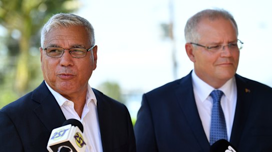 Liberal candidate for Gilmore Warren Mundine with Prime Minister Scott Morrison in Nowra on Wednesday.