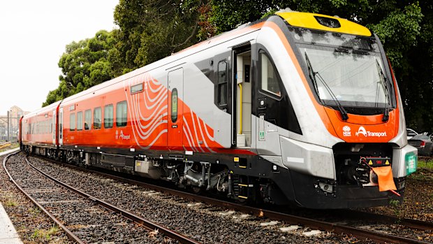 One of the first long-distance regional passenger trains at an Auburn rail maintenance centre on Friday,