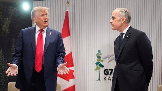 President Donald Trump speaks during a meeting with Canada’s Prime Minister Mark Carney on the sidelines of the G7 Summit, Monday, June 16, 2025, in Kananaskis, Canada. 